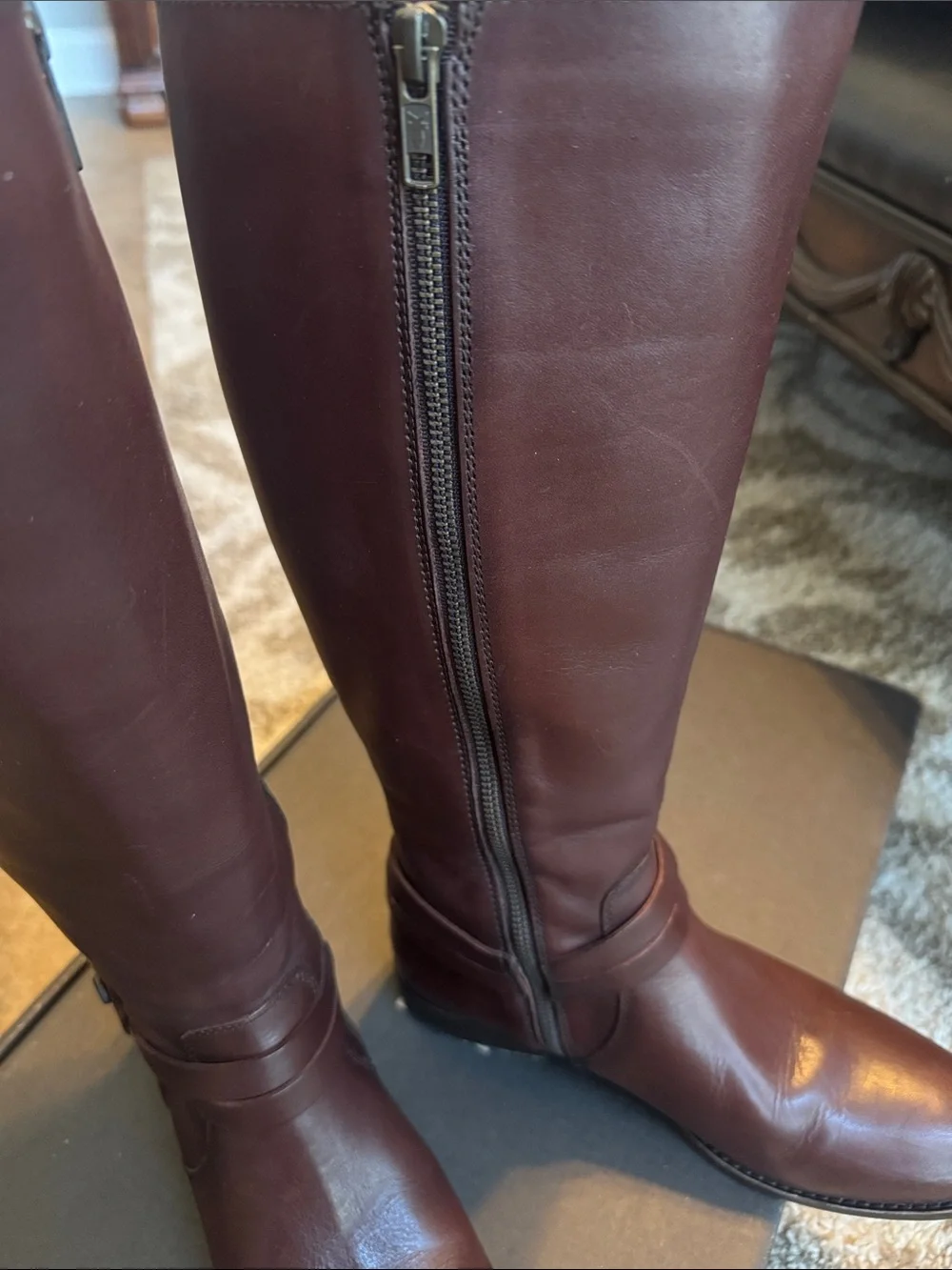 Frye Women's Melissa Belted Tall Riding Boots in Dark Brown Leather